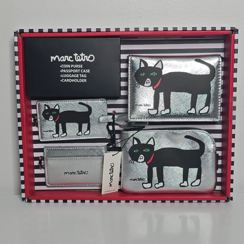 Marc Tetro Cat 4 Pc Set Coin Purse Passport Holder Luggage Tag Cardholder Wallet